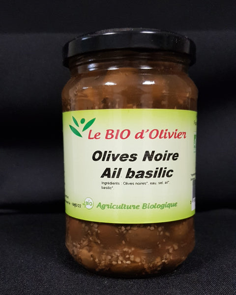 Olives noires ail basilic 300 gr  Le Bio d'Olivier
